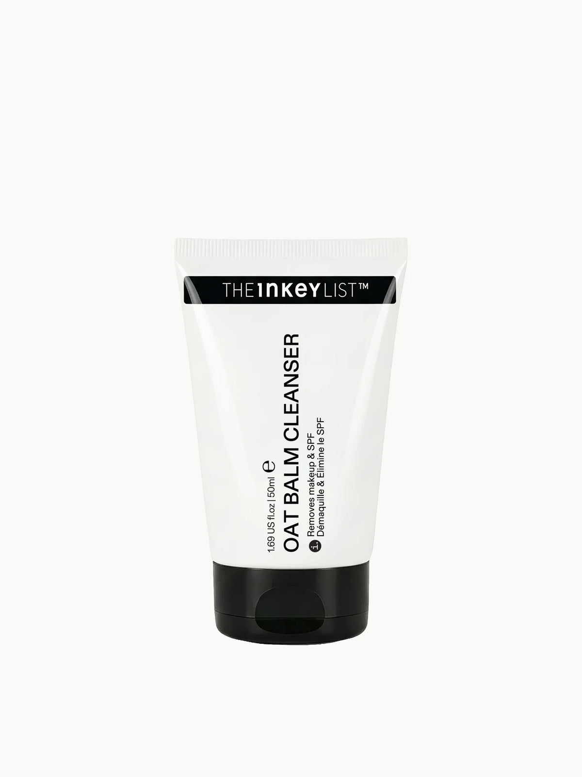 The INKEY List Mini Oat Balm Cleanser 50ml, small clear jar with white lid and The INKEY List minimalist branding