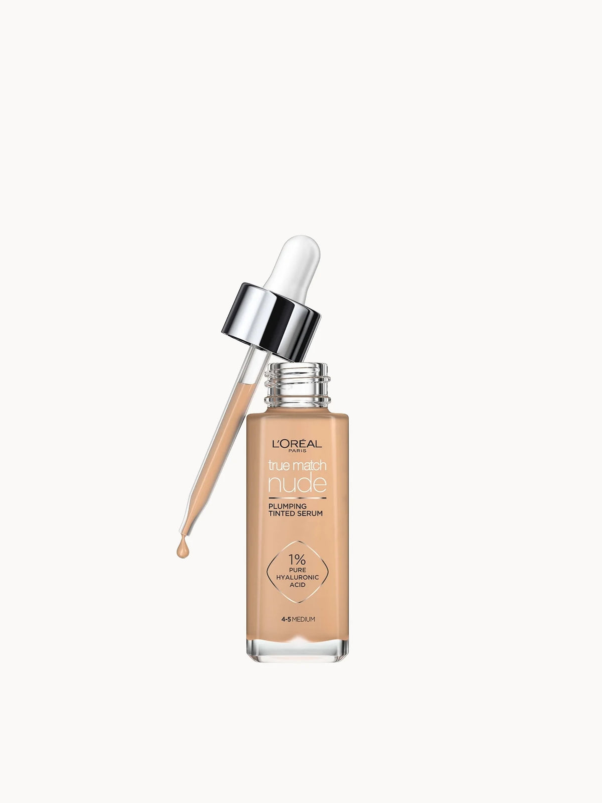L'Oréal Paris True Match Nude Plumping Tinted Serum Shade 4-5, clear glass dropper bottle with gold cap and L'Oréal Paris True Match branding