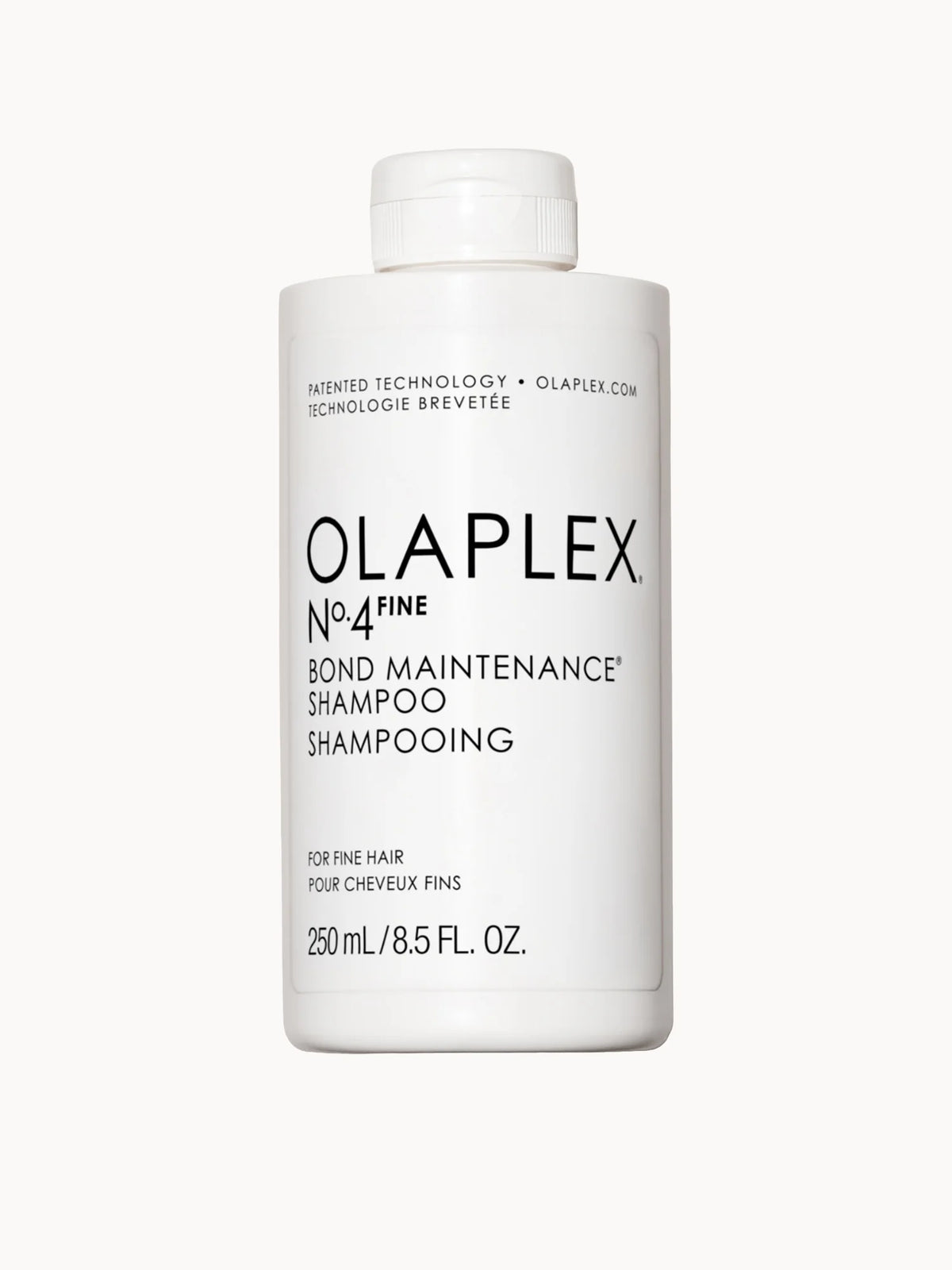 No.4 FINE Bond Maintenance Shampoo, 250 ml, purple plastic bottle with black flip-cap and white Olaplex No.4 label