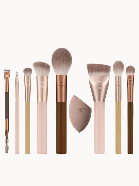 Real Techniques New Nudes 2.0 All Angles Face Set, nude-handled brushes and an orange sponge in a zip pouch
