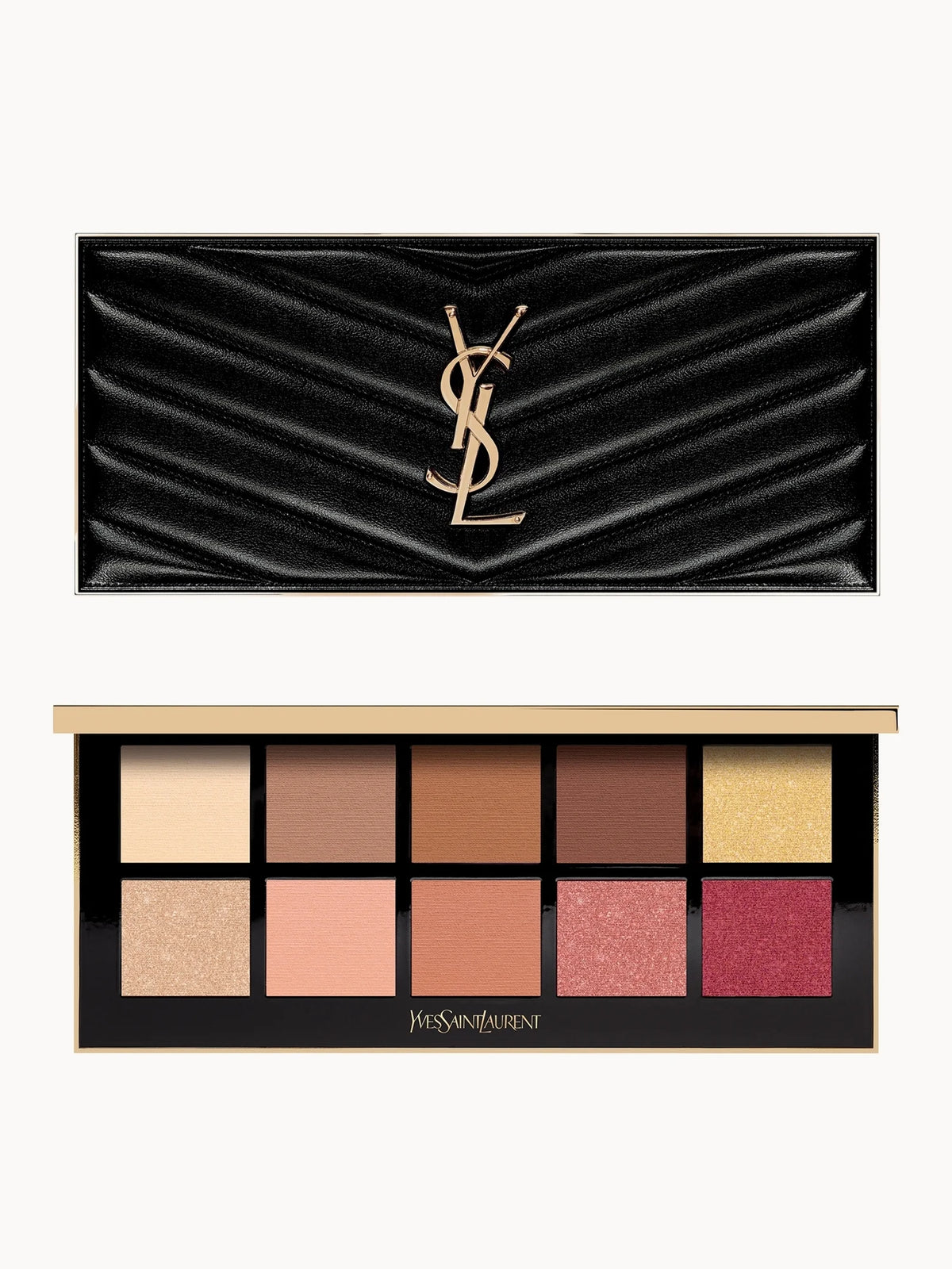 Yves Saint Laurent Couture Colour Clutch 5 - Desert Nude, quilted faux-leather clutch-style compact with gold YSL logo, ten-pan eyeshadow palette inside