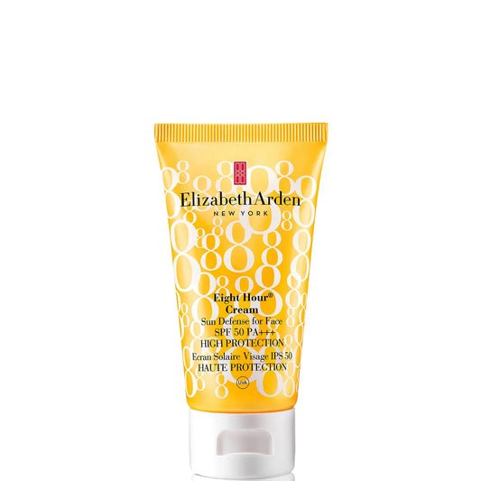 Elizabeth Arden Eight Hour Cream Sun Defense for Face SPF 50 in a squeezy tube, SPF details printed on the front.