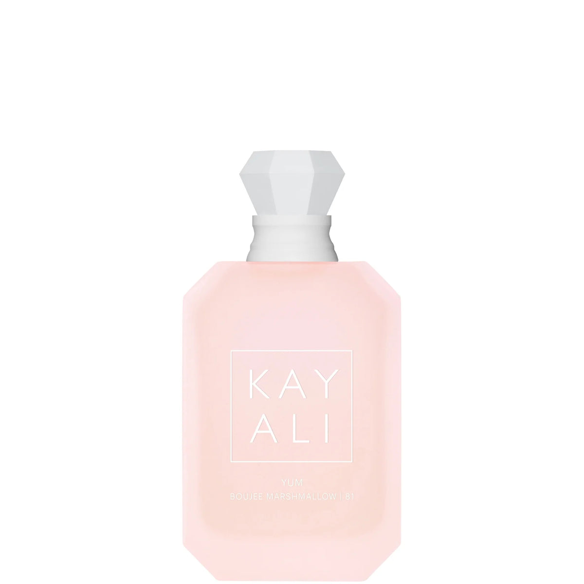 KAYALI Yum Boujee Marshmallow | 81 – 50ml — gourmand blend of pink marshmallow, strawberry, coconut flakes and whipped vanilla; diamond-shaped bottle.