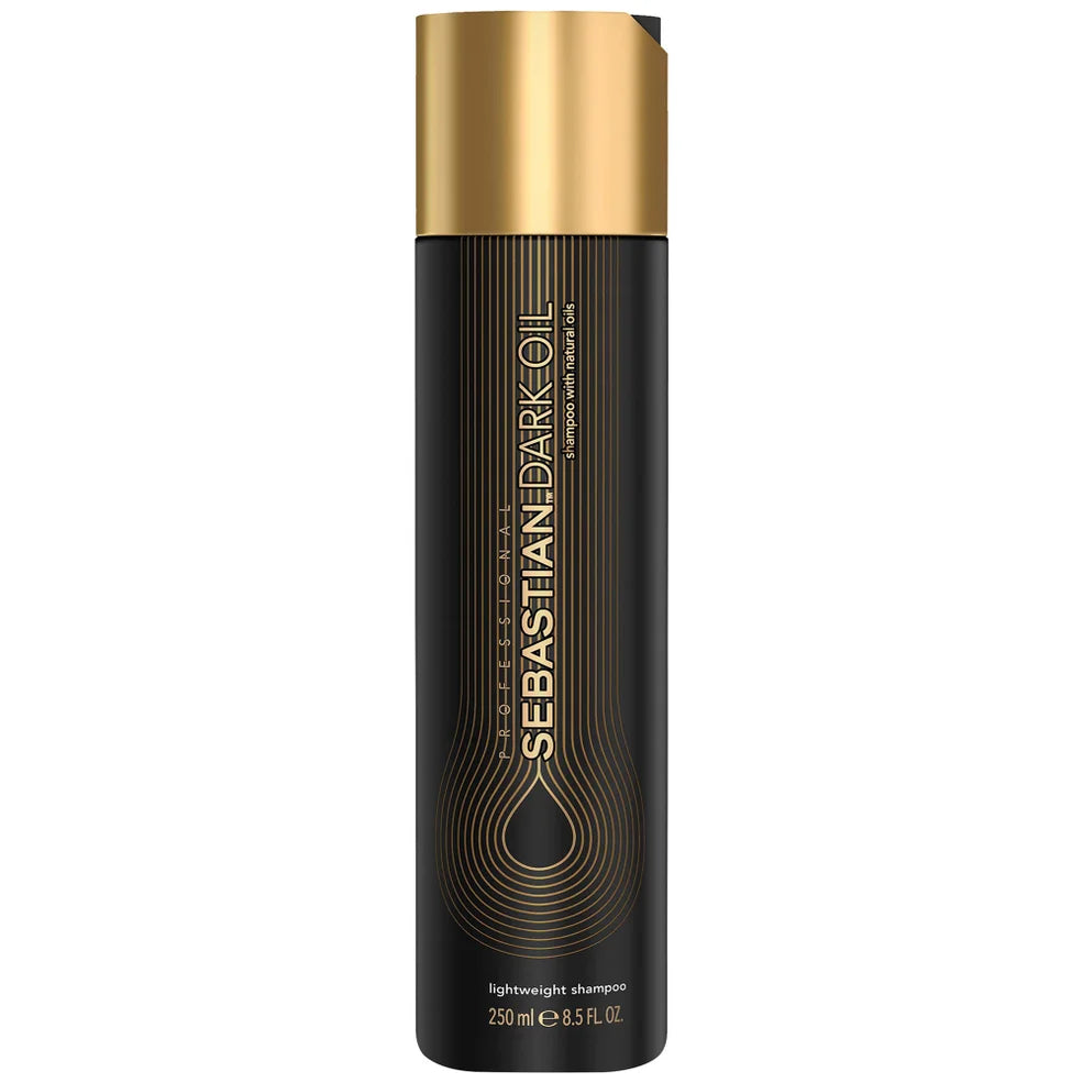 Sebastian Dark Oil Lightweight Shampoo 250ml in sleek black bottle with gold detailing for shiny hair.