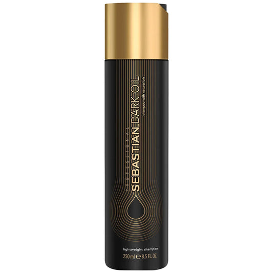 Sebastian Dark Oil Lightweight Shampoo 250ml in sleek black bottle with gold detailing for shiny hair.