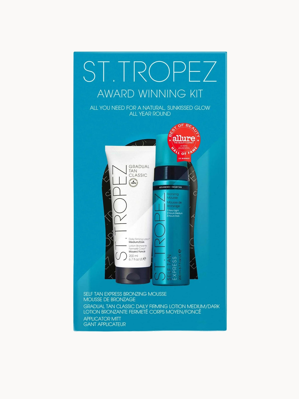 St. Tropez Award Winning Kit, box with a self-tan bottle and mitt, St. Tropez branding