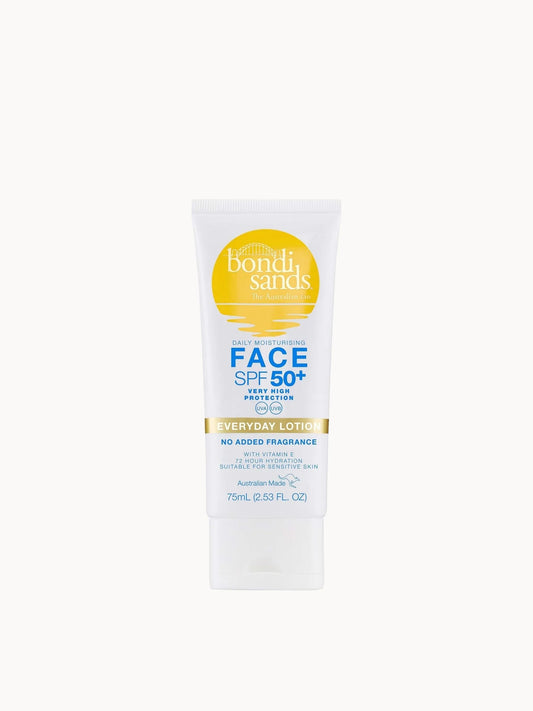 Bondi Sands Sunscreen Lotion SPF50+ - Face 75ml, white and orange squeeze tube with a flip cap