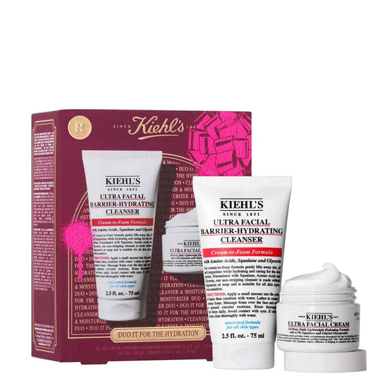Kiehl's Duo It For The Hydration Set skincare duo with cleanser tube and moisturiser jar in gift packaging