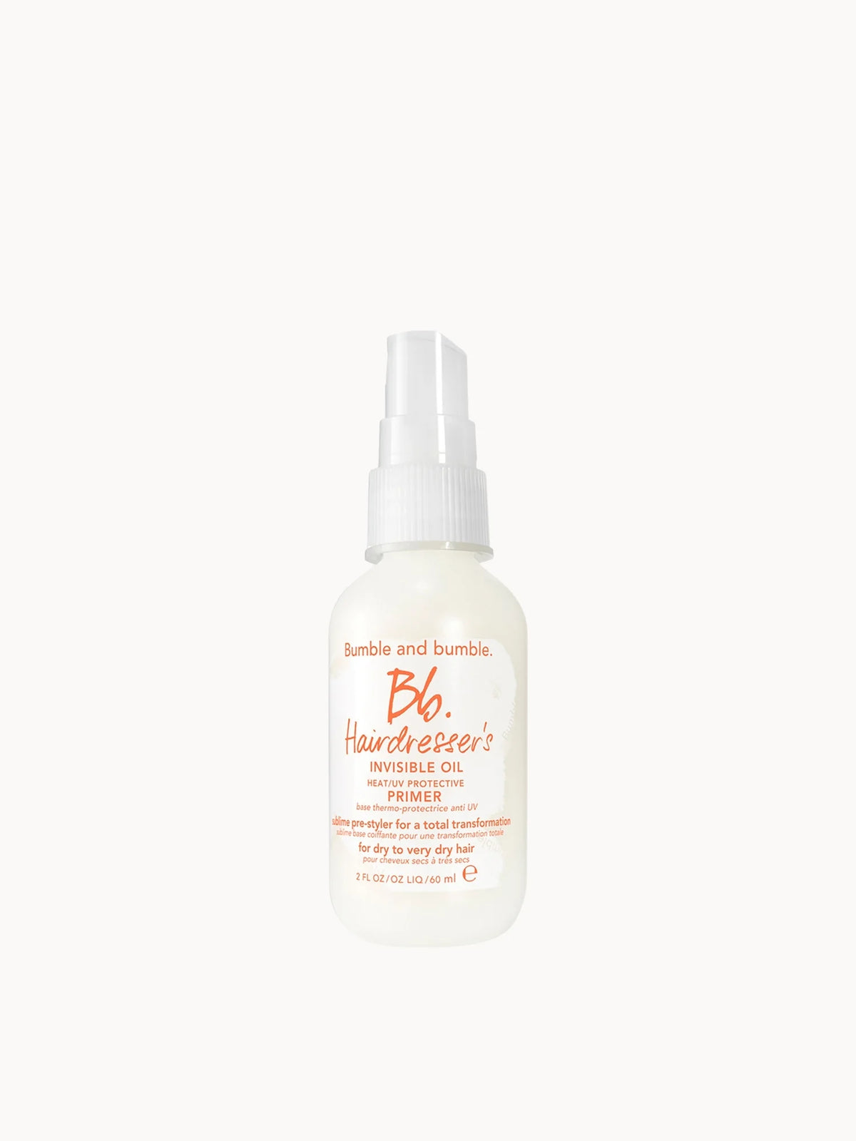 Bumble and bumble Hairdresser's Invisible Oil Heat/UV Protective Primer 60ml, clear spray bottle with black cap and Bumble and bumble branding