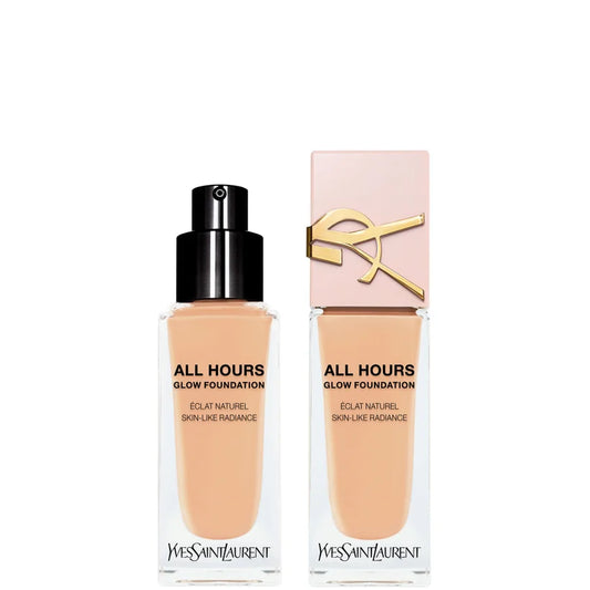 YSL All Hours Glow Foundation LC2 square glass foundation bottle with black cap and YSL logo on the front