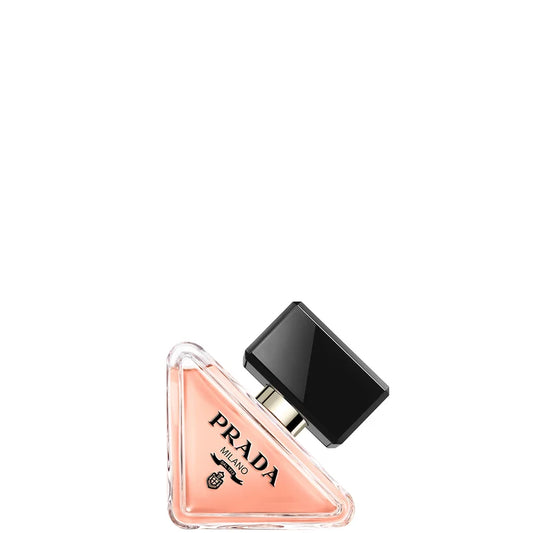 Prada Paradoxe Eau de Parfum 30ml triangular glass perfume bottle with soft pink liquid and black cap displayed upright