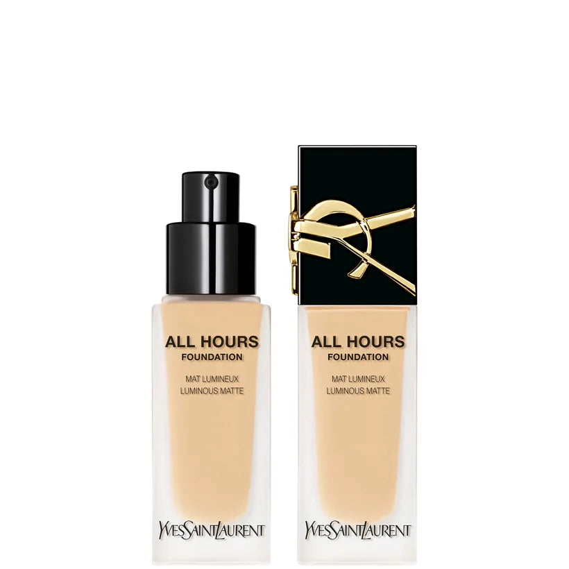 Yves Saint Laurent All Hours Luminous Matte Foundation SPF 39 shade LN4 frosted square glass bottle with black cap and YSL branding