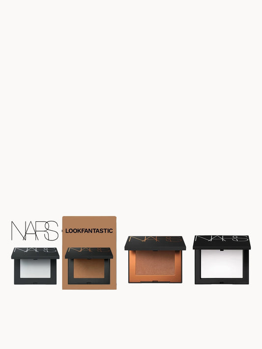 NARS Exclusive Cheek Duo, black compact with mirror and white NARS logo, blush and bronzer powder pans side by side