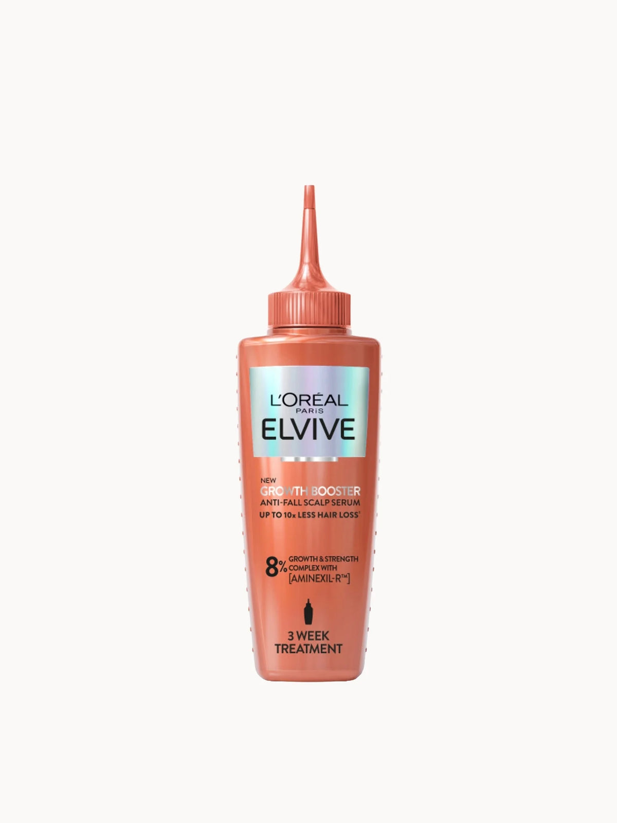 L'Oréal Paris Elvive Growth Booster Scalp Serum Anti-Hair Loss Scalp Treatment 102ml, clear pump bottle with black cap and L'Oréal Paris Elvive Growth Booster branding