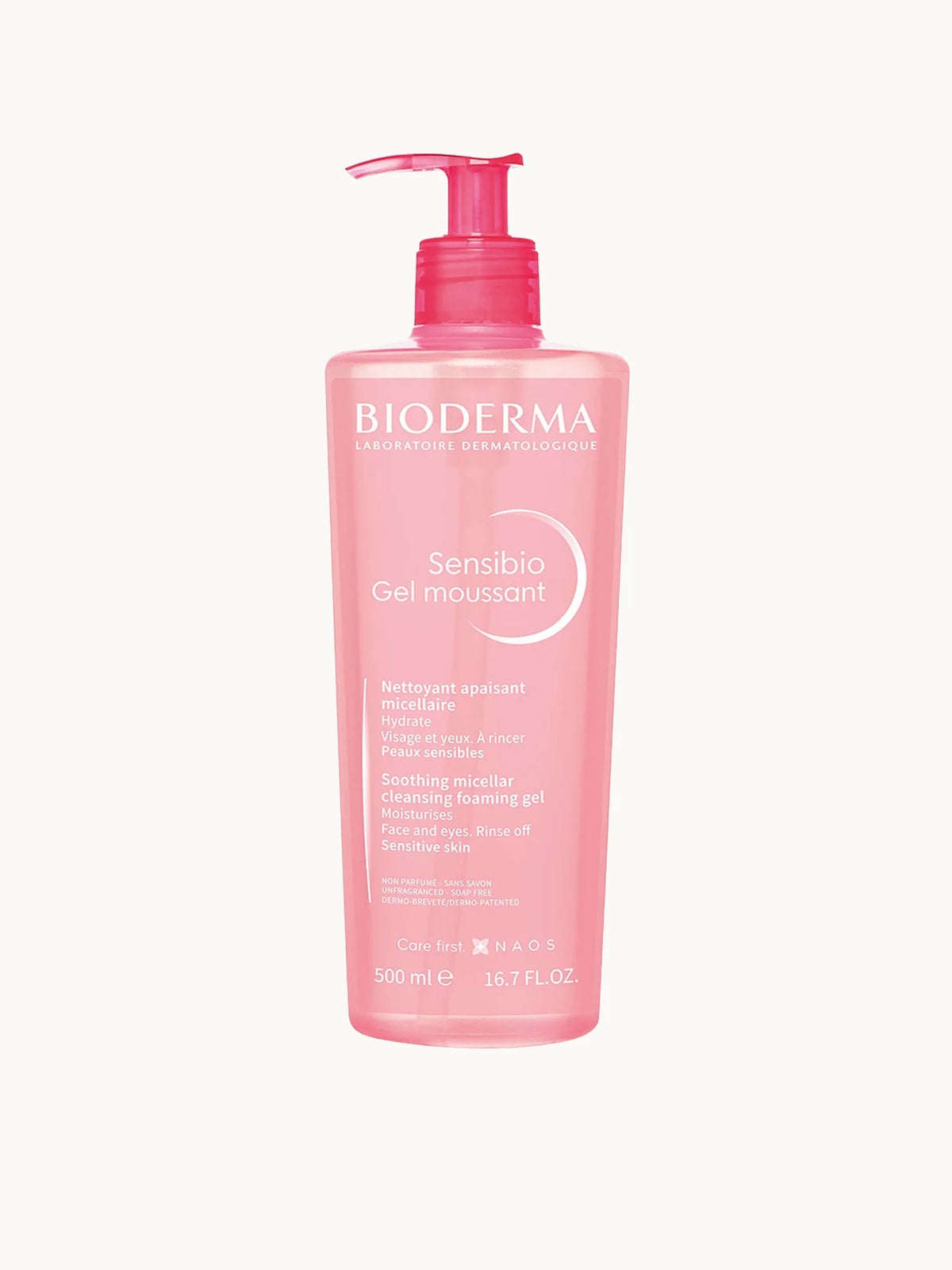 Bioderma Sensibio Gel Moussant Cleansing Foaming Gel 500ml, large clear pump bottle with white cap and Bioderma Sensibio branding