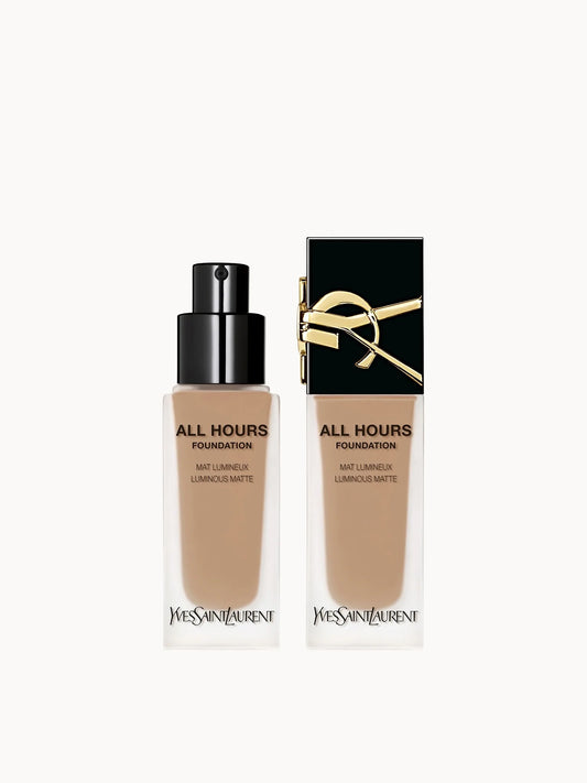 Yves Saint Laurent All Hours Luminous Matte Foundation with SPF39 25ml - MN9, slim glass foundation bottle with black cap and gold YSL logo