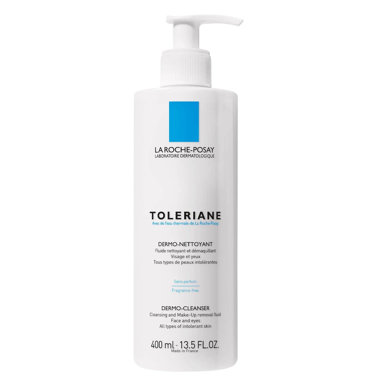 La Roche‑Posay Toleraine Dermo Cleanser 400 ml – gentle, soap-free face and body cleanser for sensitive skin, in a large white pump bottle with minimalist blue label