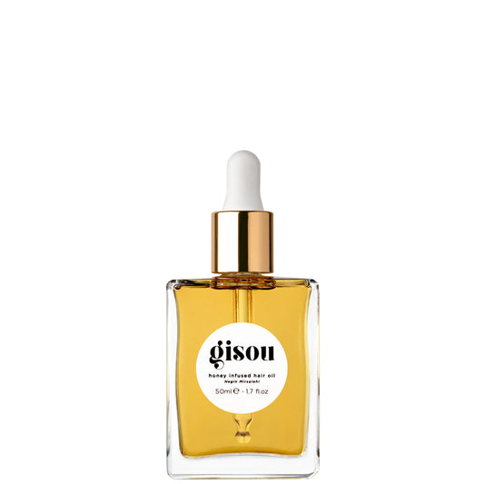 Gisou Honey Infused Hair Oil 50ml, elegant clear glass dropper bottle filled with golden oil, designed to nourish, smooth, and add shine to hair
