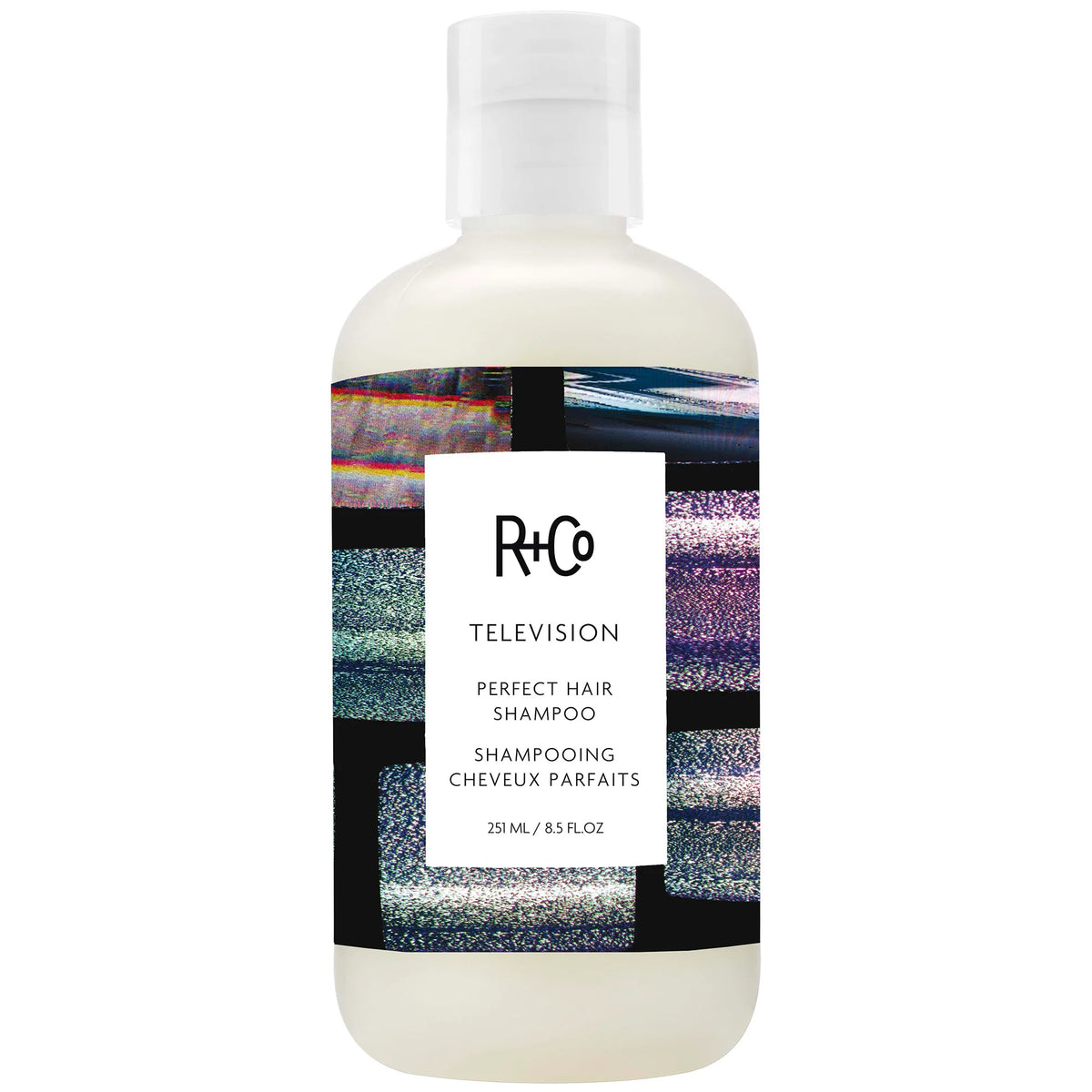 R+Co TELEVISION Perfect Hair Shampoo 251ml, white bottle with black star graphic and flip-cap