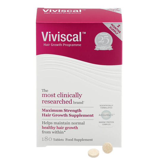 Viviscal hair supplement tablets in white and teal bottle with highlight of biotin and zinc formula