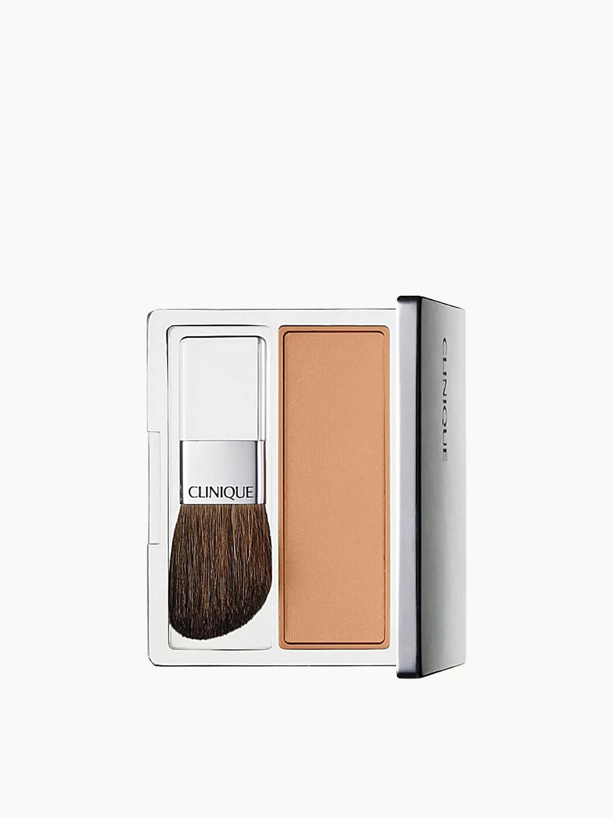 Clinique Blushing Blush Powder Blush 6g - 101 Aglow, round black compact with mirror and dual-ended sculpting brush, Aglow peach-pink powder pan