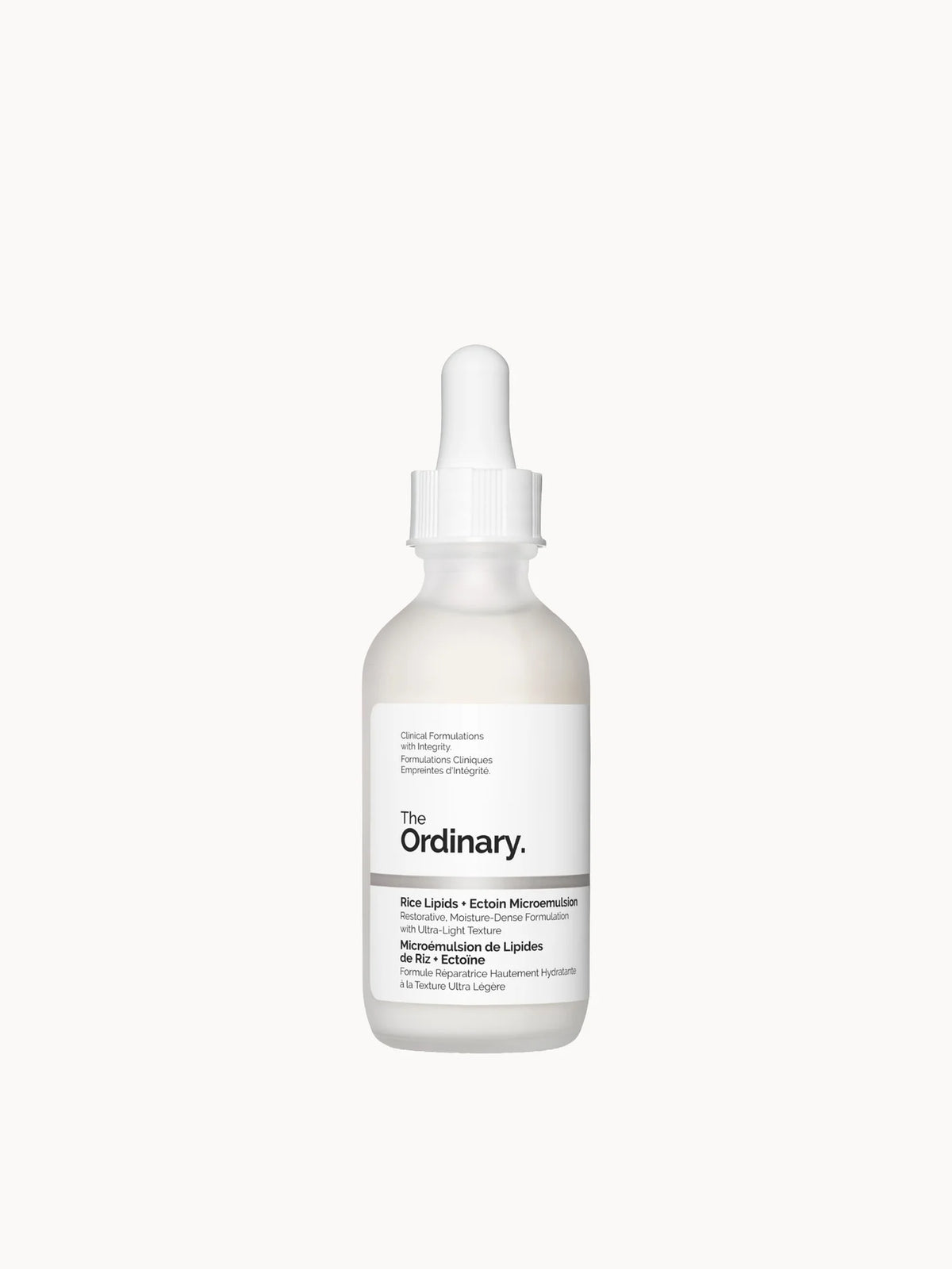 The Ordinary Rice Lipids + Ectoin Microemulsion Ultra - Light Moisturiser 60ml, slim bottle with a dropper pipette and minimal label lettering