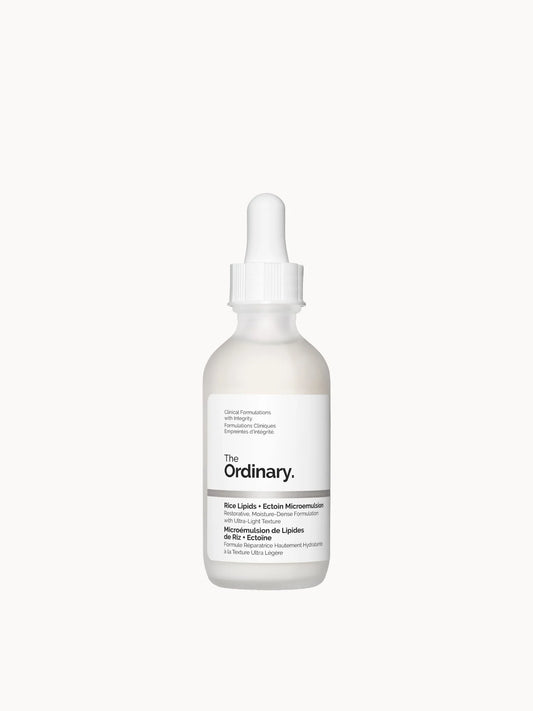 The Ordinary Rice Lipids + Ectoin Microemulsion Ultra - Light Moisturiser 60ml, slim bottle with a dropper pipette and minimal label lettering