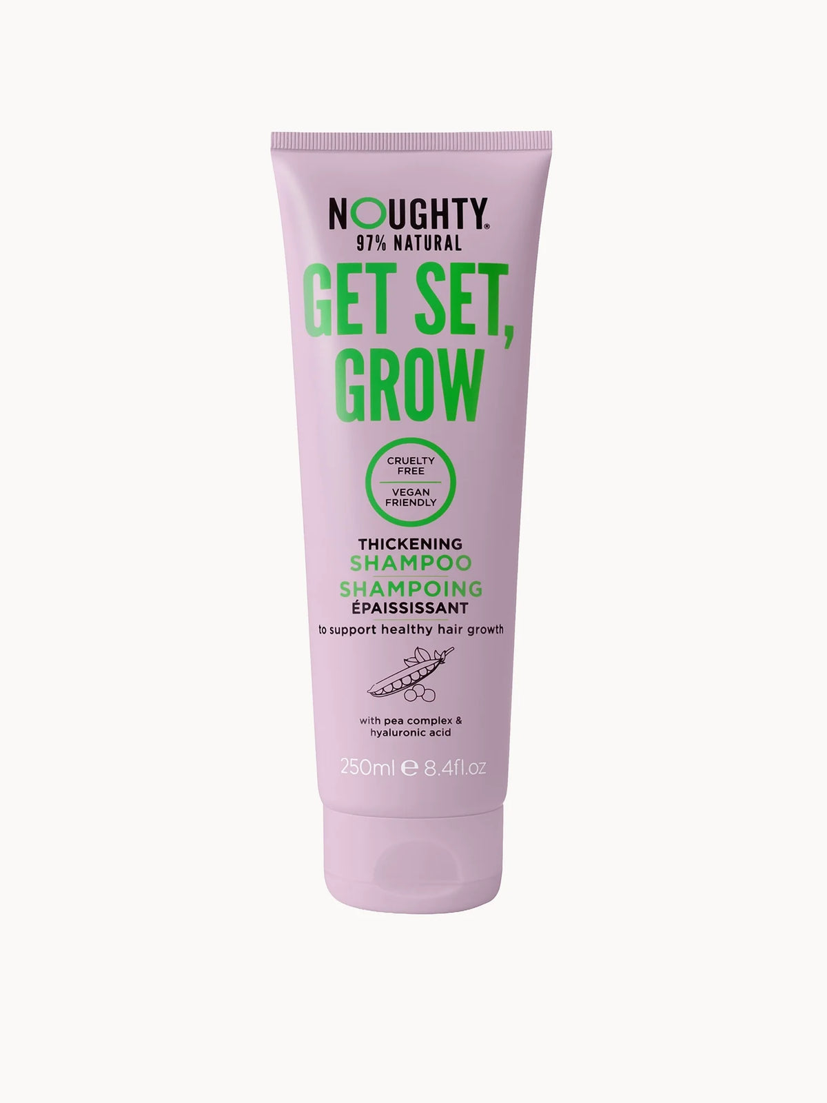 Noughty Get Set Grow Shampoo 250ml, clear bottle with pink cap and Noughty playful branding