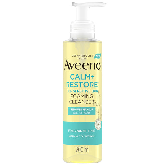 Aveeno Face Calm & Restore Foaming Cleanser 200ml – gel-to-foam sensitive skin face wash with oat extract, feverfew and hyaluronic acid.