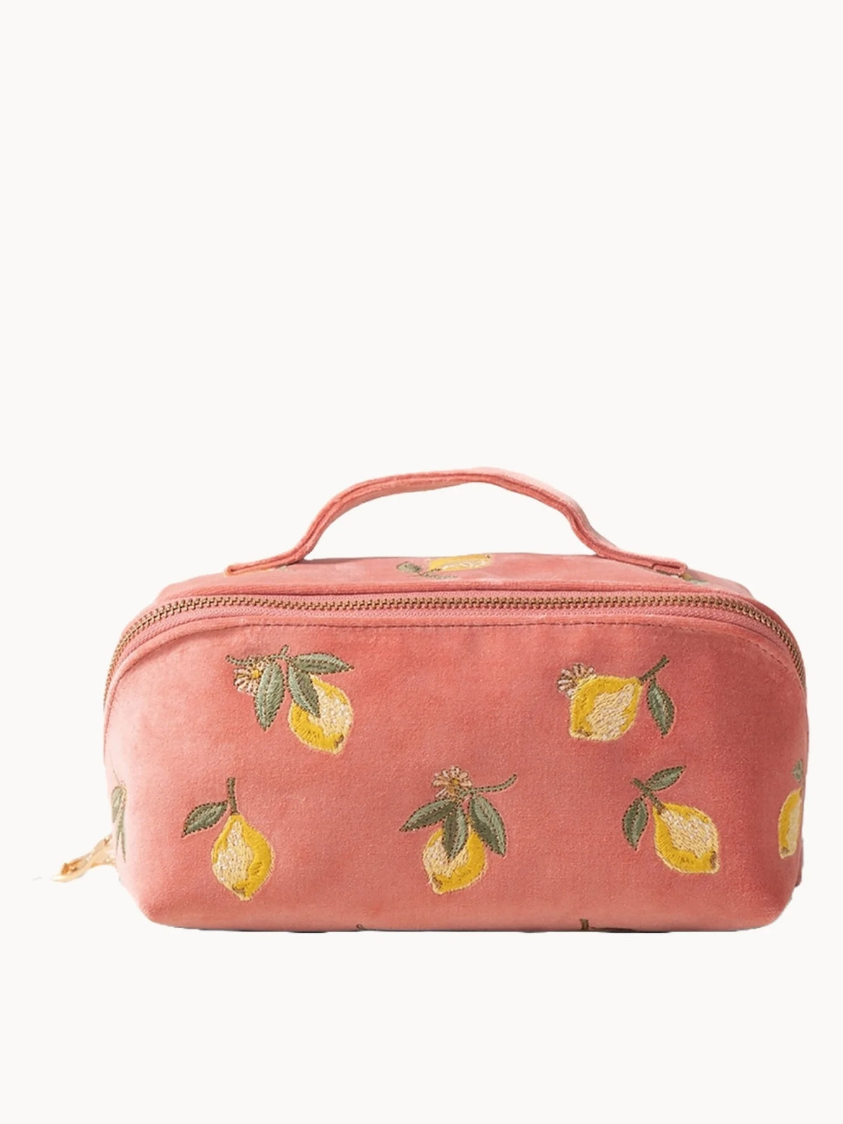 Elizabeth Scarlett Lemon Blossom Velvet Open Flat Makeup Bag in coral with citrus embroidery