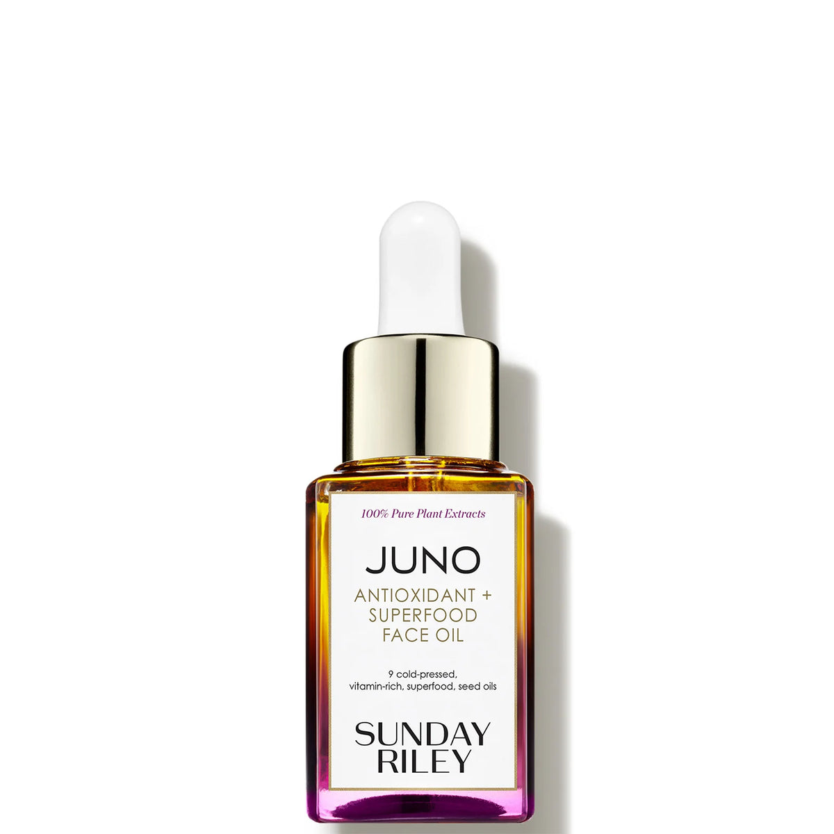 Sunday Riley JUNO Antioxidant + Superfood Face Oil 15ml, small amber glass dropper bottle with black cap and Sunday Riley branding