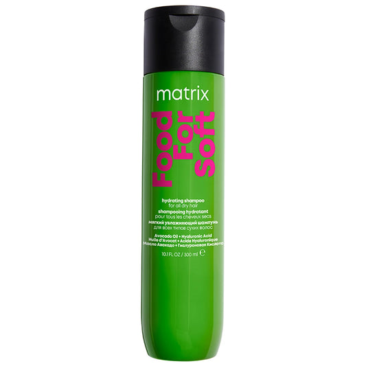 Matrix Food For Soft Hydrating Shampoo 300ml in bright green bottle, nourishing shampoo with avocado oil and hyaluronic acid for dry hair