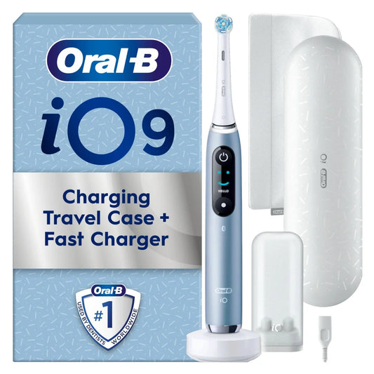 Oral-B iO9 Aqua Marine Blue Electric Toothbrush with travel case in matching blue finish