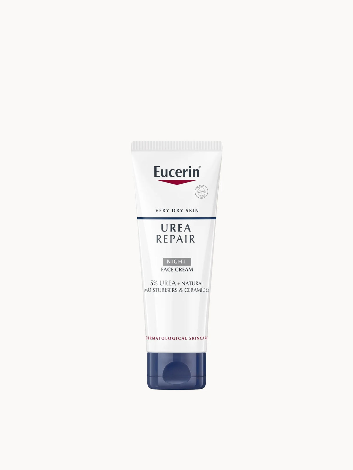 Eucerin UreaRepair Rich Replenishing Face Cream with 5% Urea 50ml, white tube with blue cap and Eucerin UreaRepair branding
