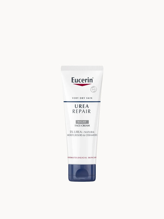 Eucerin UreaRepair Rich Replenishing Face Cream with 5% Urea 50ml, white tube with blue cap and Eucerin UreaRepair branding