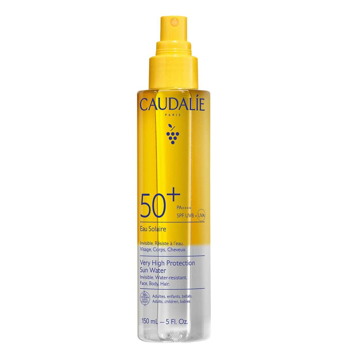 Caudalie Very High Protection Sun Water SPF50+ for Face, Body & Hair 150ml, clear bottle with spray top