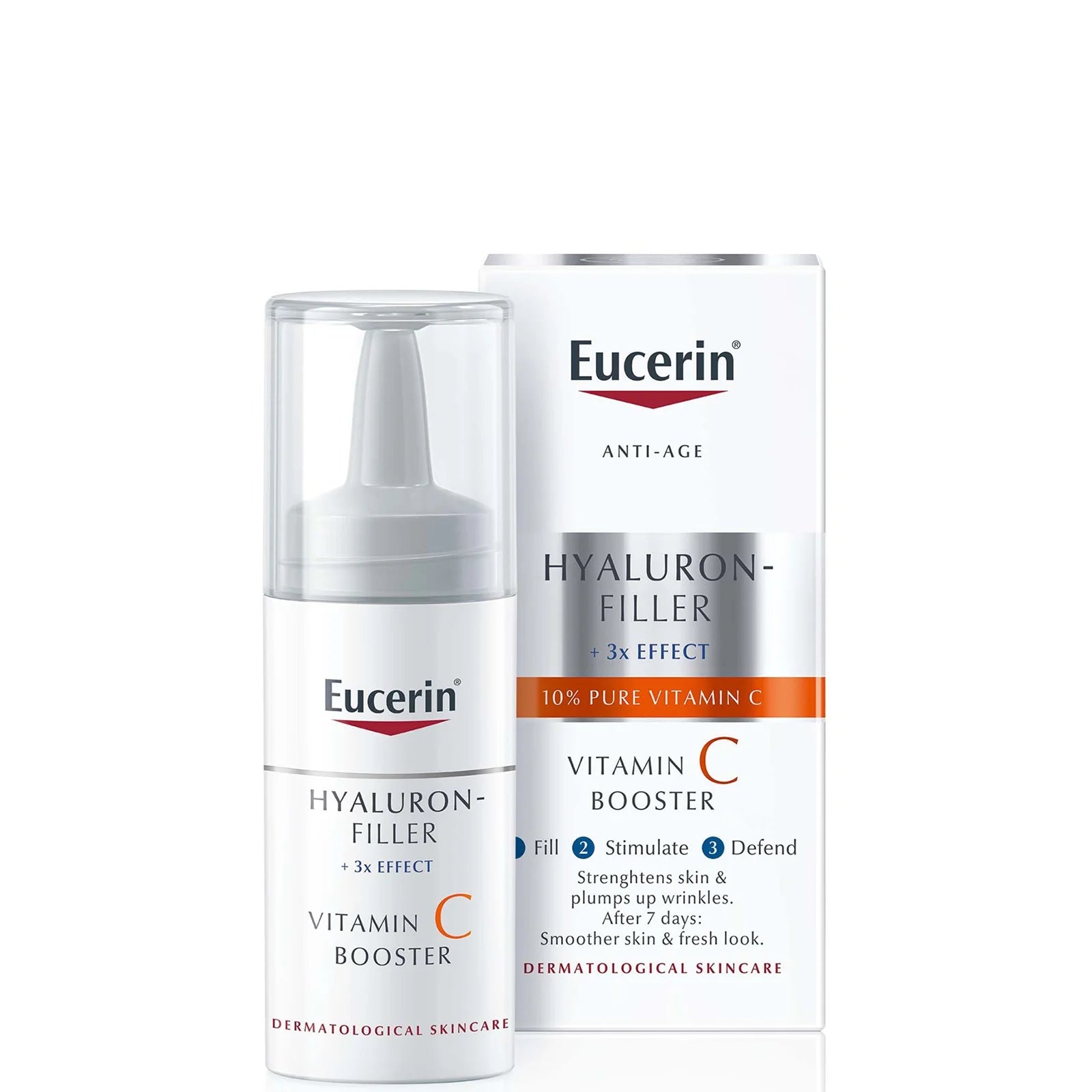 Eucerin Hyaluron-Filler Vitamin C Booster (1 vial) — 10% pure vitamin C with hyaluronic acid and licochalcone A; single-use activatable ampoule.
