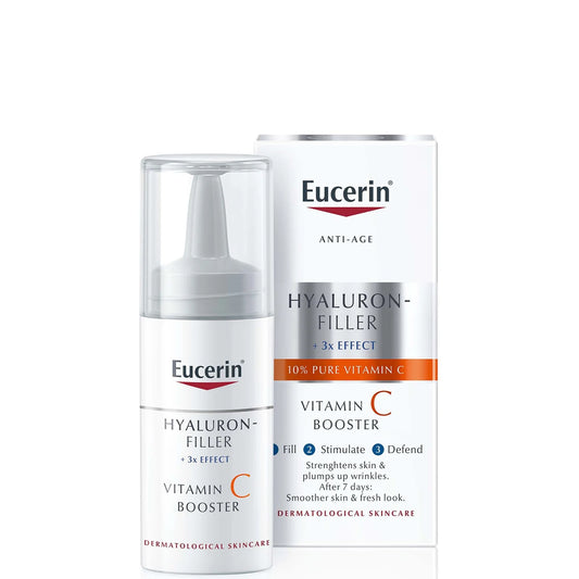 Eucerin Hyaluron-Filler Vitamin C Booster (1 vial) — 10% pure vitamin C with hyaluronic acid and licochalcone A; single-use activatable ampoule.