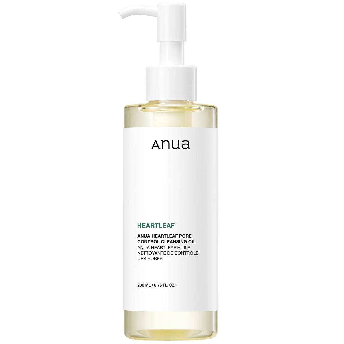 Anua Heartleaf Pore Control Cleansing Oil in a tall pump bottle, clean white and green label emphasising pore care.