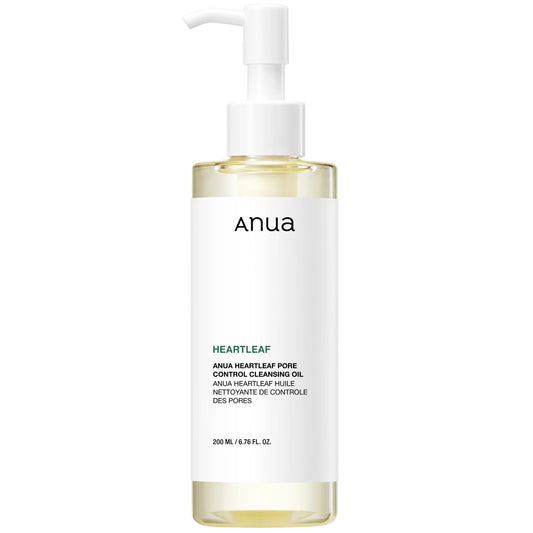 Anua Heartleaf Pore Control Cleansing Oil in a tall pump bottle, clean white and green label emphasising pore care.