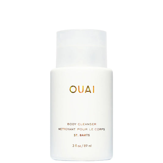 OUAI St Barts Body Cleanser Travel Size 89ml, small white travel-size body wash bottle with OUAI branding