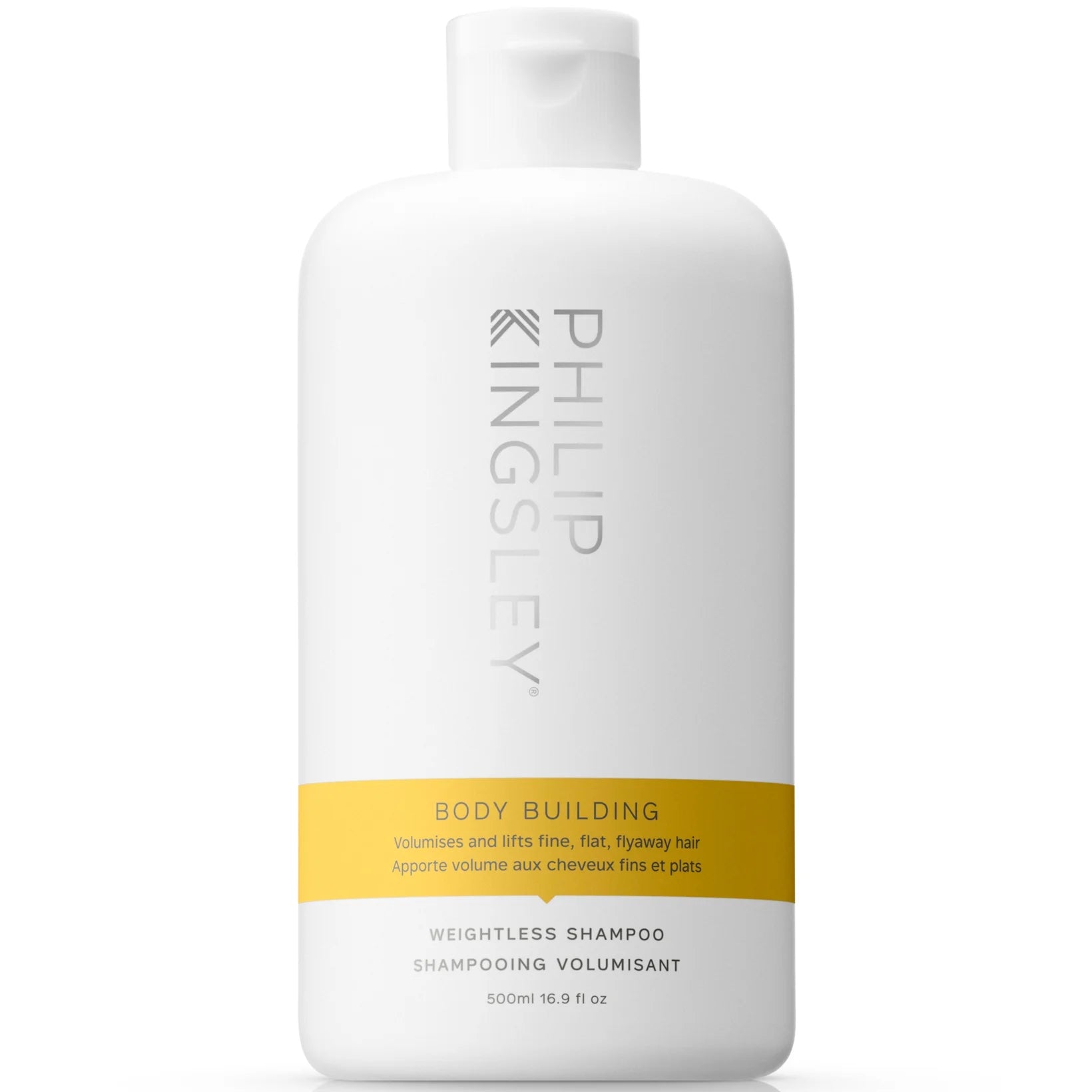 Philip Kingsley Body Building Weightless Shampoo 500ml bottle designed to add volume and strength to fine, limp hair