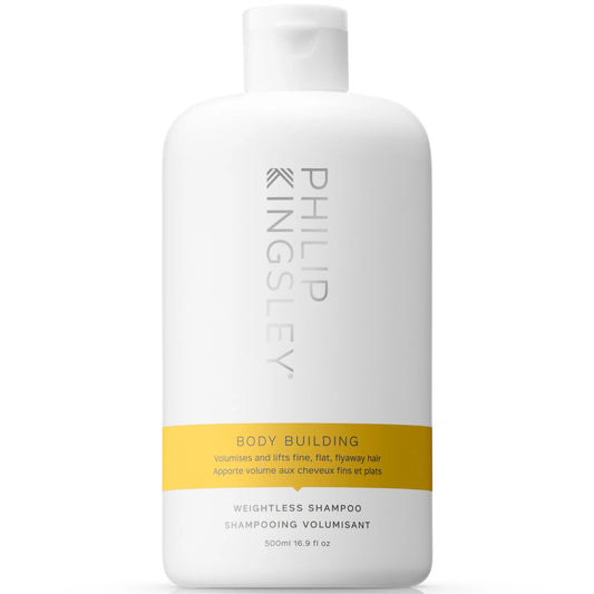 Philip Kingsley Body Building Weightless Shampoo 500ml bottle designed to add volume and strength to fine, limp hair