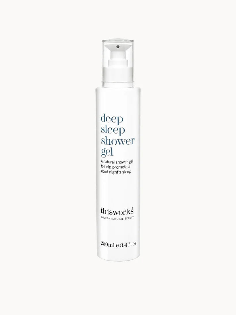 this works Deep Sleep Shower Gel 250ml dark navy plastic bottle with a pump dispenser