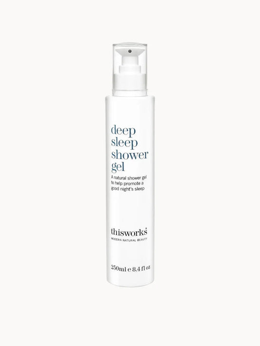 this works Deep Sleep Shower Gel 250ml dark navy plastic bottle with a pump dispenser