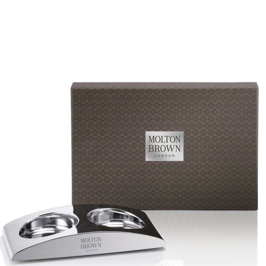 Molton Brown The Elemental Arc Wash Holder, curved metal arc-shaped soap holder with Molton Brown branding