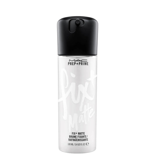 MAC Prep + Prime Fix+ Mattifying Mist 100ml, clear spray bottle with black cap and MAC Prep + Prime Fix+ branding
