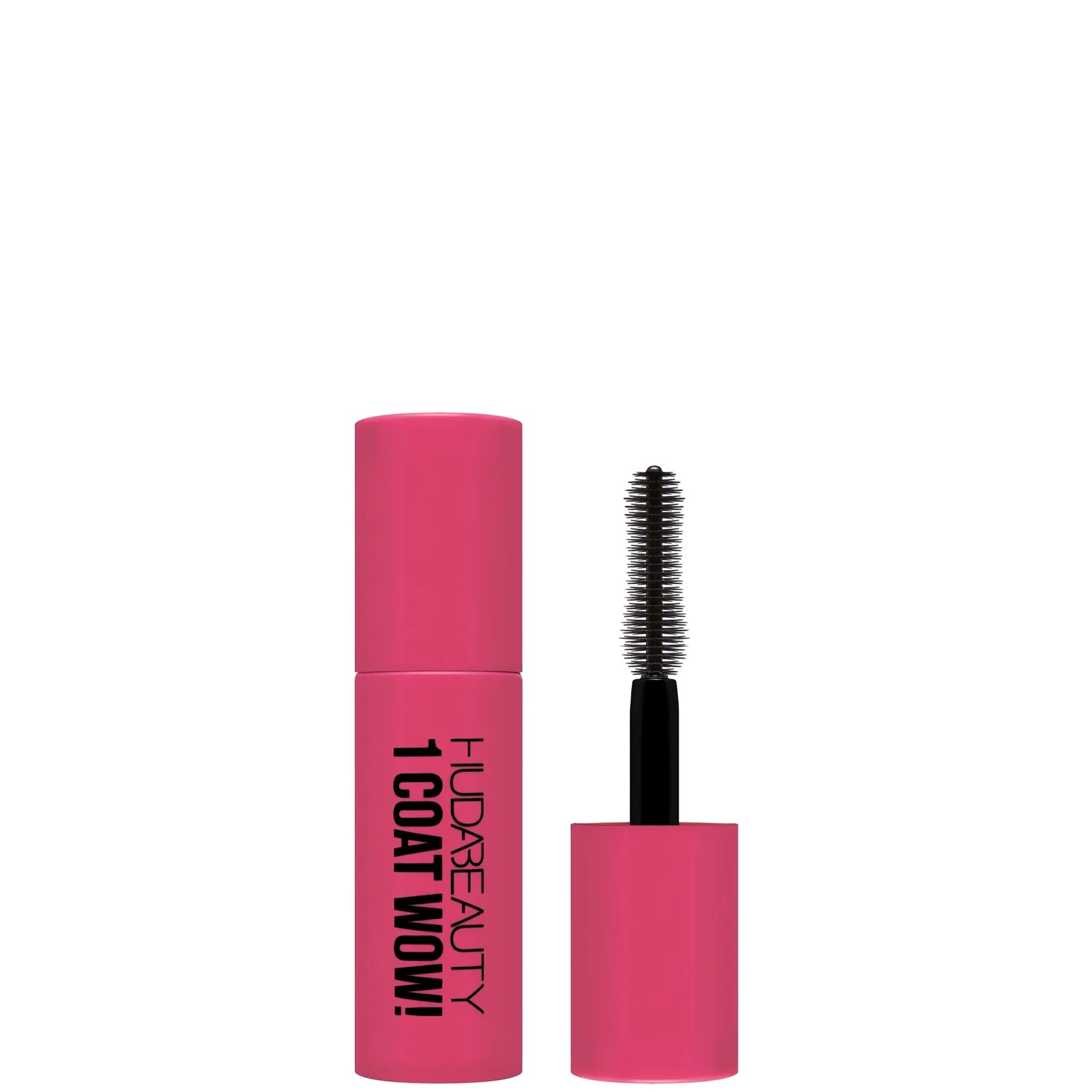 Mini Huda Beauty 1 Coat WOW! mascara, short tube with bold logo and compact wand for extra volume and lift.