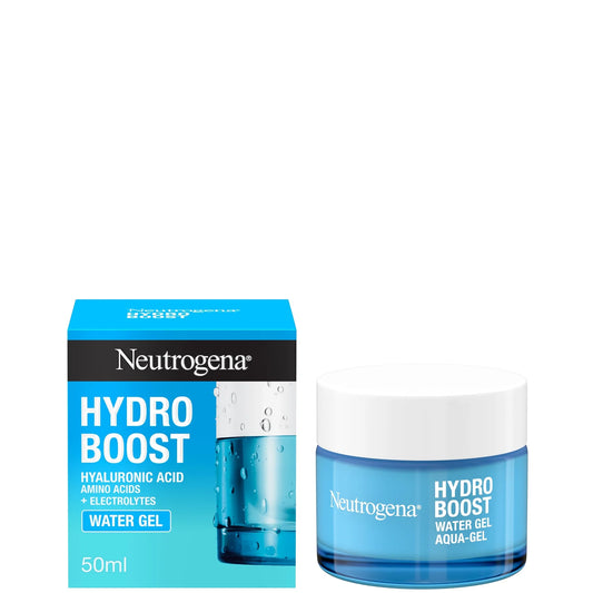 Neutrogena Hydro Boost Water Gel Moisturiser 50ml in blue jar with silver lid, formulated with hyaluronic acid for dry skin