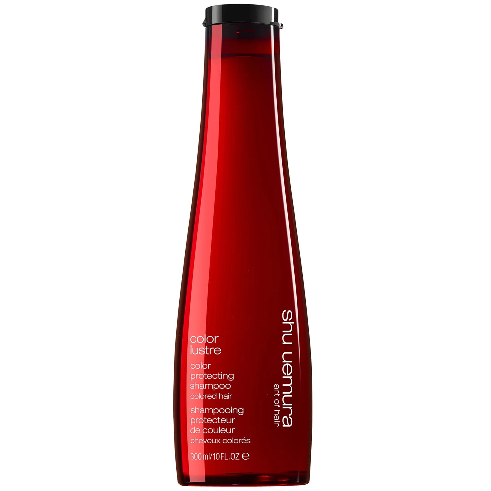 Shu Uemura Art of Hair Color Lustre Colour Protecting Shampoo for Coloured Hair 300ml – high-end shampoo in an elegant dark red bottle with flip-top cap, formulated to maintain and enhance colour vibrancy while gently cleansing dyed hair.